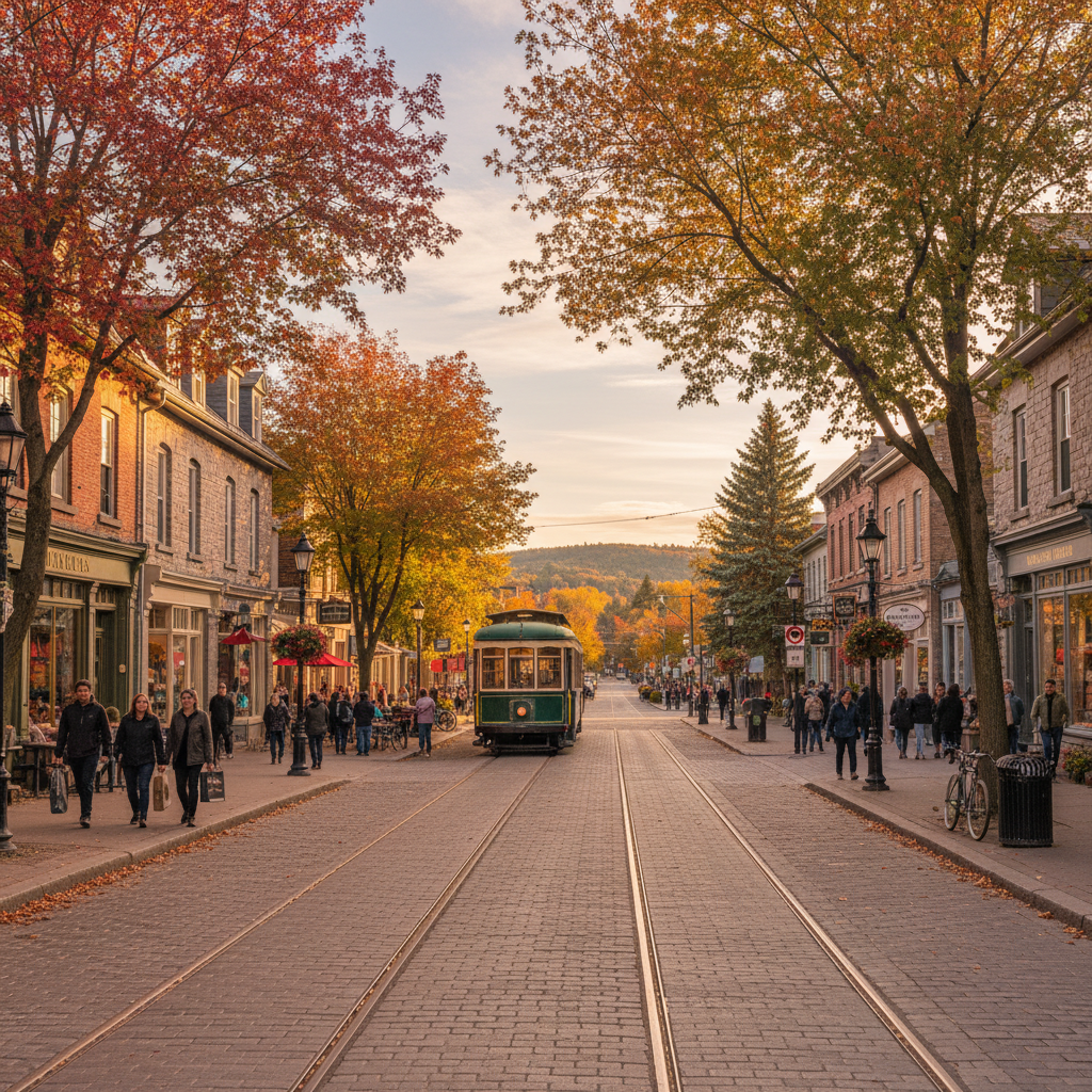 Quiet tree-lined street with shops and cafes in Westboro Village, Ottawa