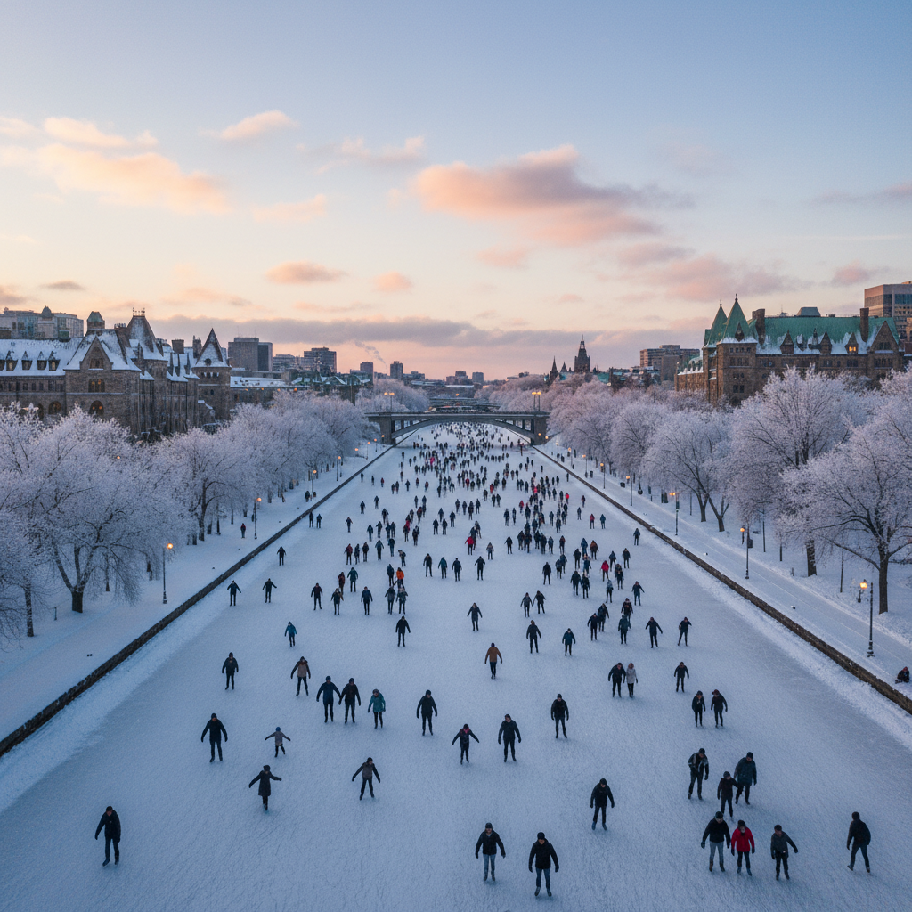 Families skating on the Rideau Canal in Ottawa with snow-covered trees along the banks